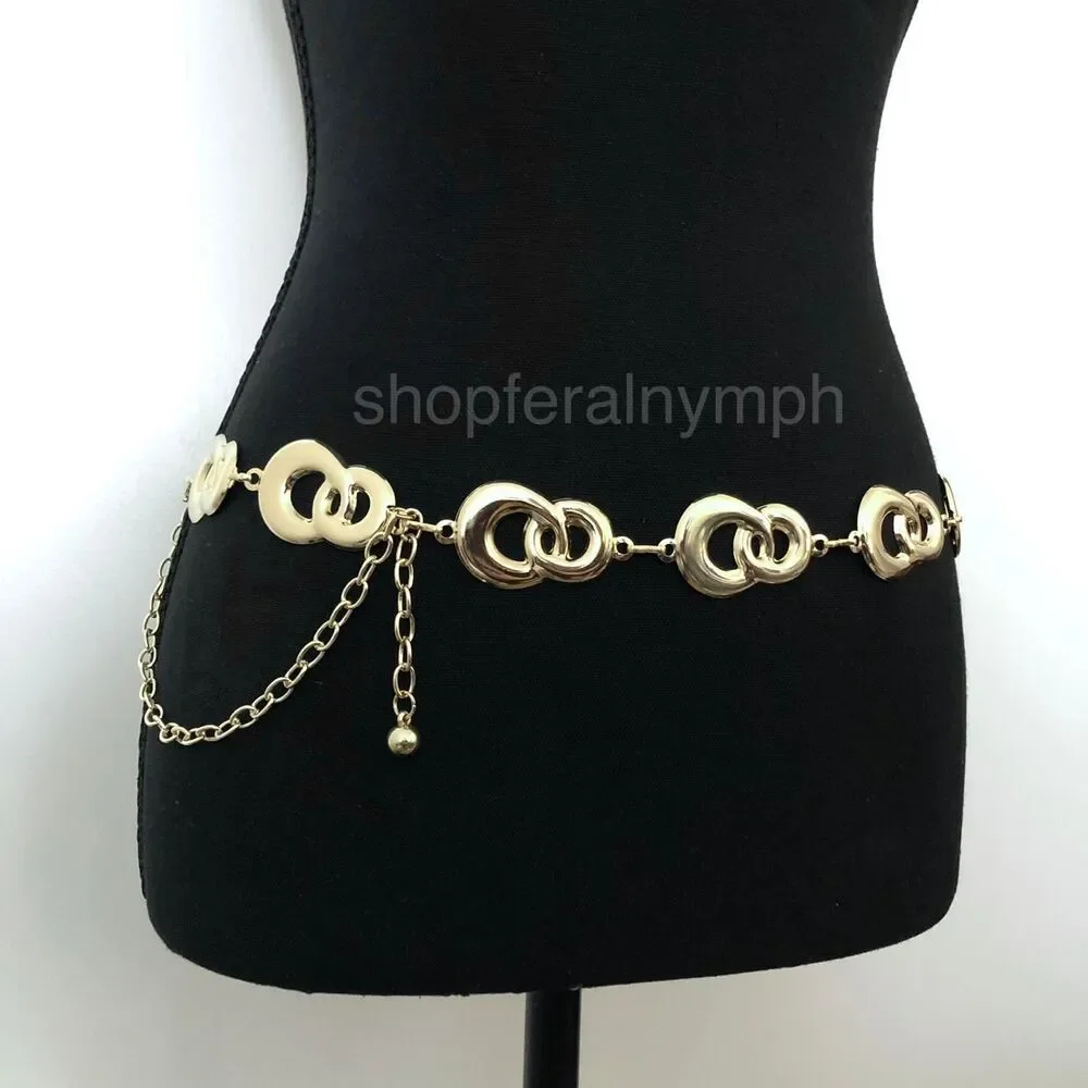 Y2K Geometric Gold Interlocking Loop Chain Belt, Fits 24.5–45 Inches, X7GA1163